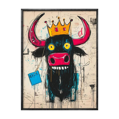 Framed artwork of a stylized bull with a crown on a textured beige background