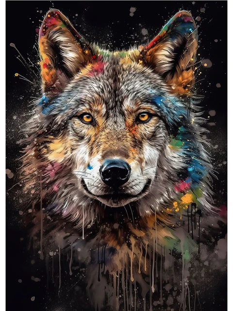 Colorful wolf painting with abstract splashes on a dark background