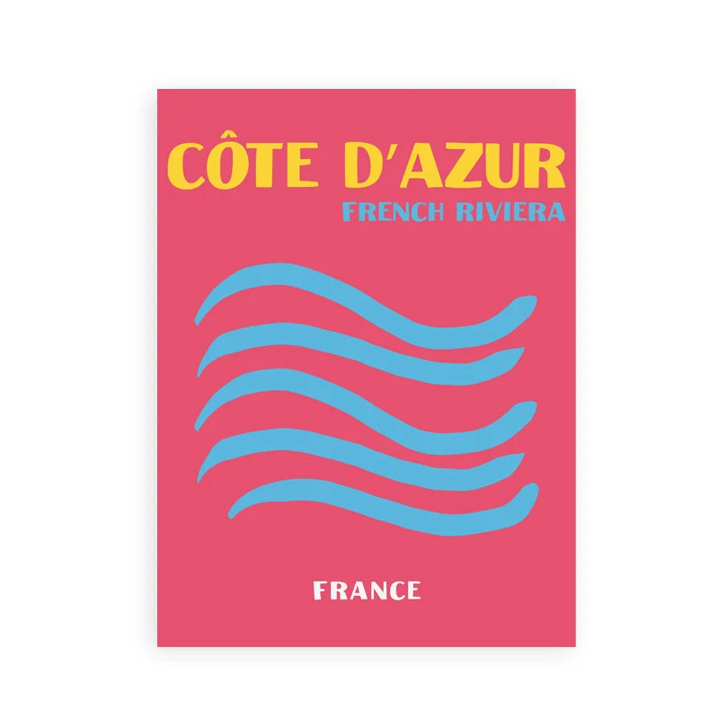 Poster with 'Côte d'Azur French Riviera France' text on a pink background with blue wavy lines.