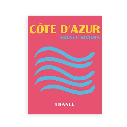 Poster with 'Côte d'Azur French Riviera France' text on a pink background with blue wavy lines.