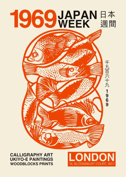 Poster for 1969 Japan Week in London featuring calligraphy art and woodblock prints of fish.