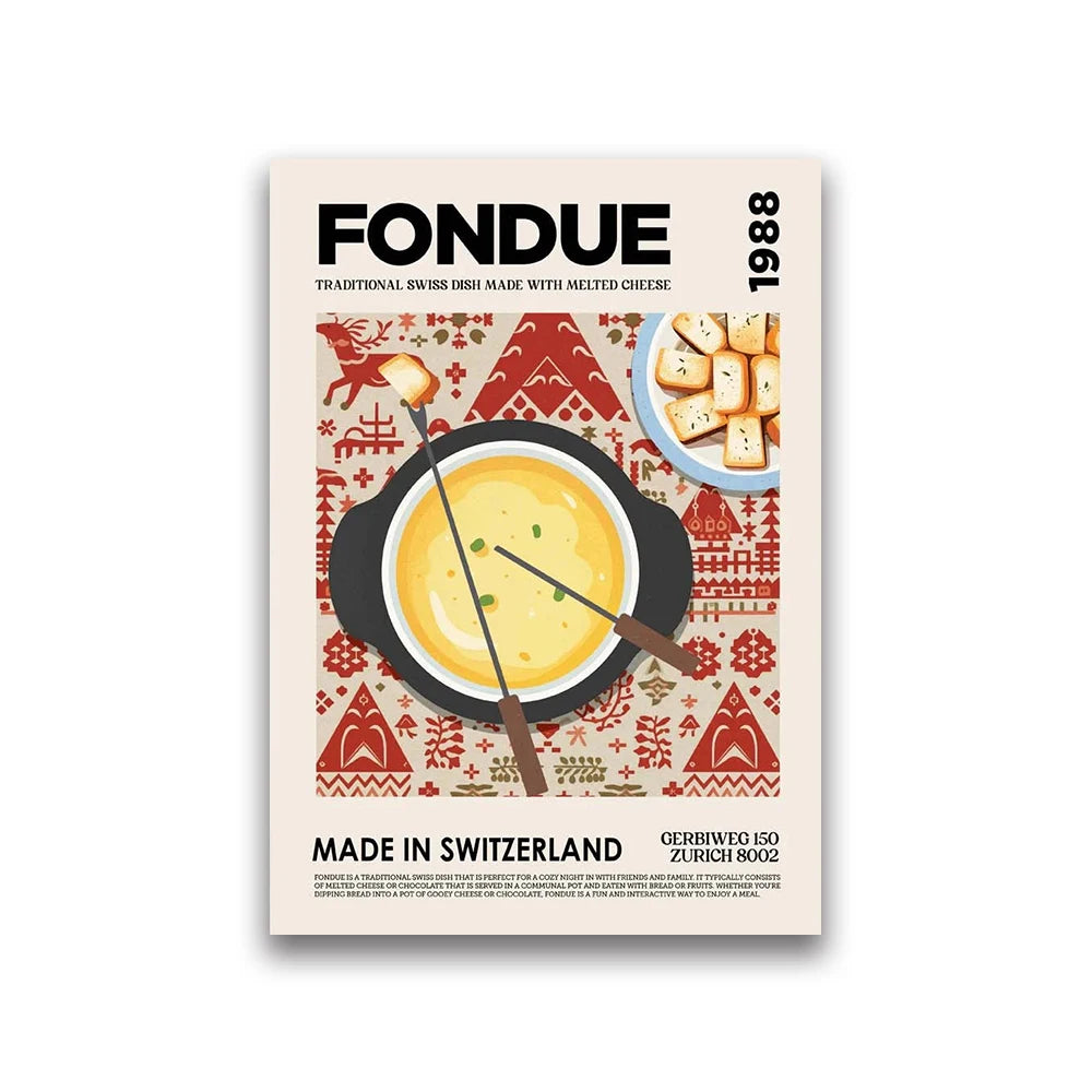 Fondue promotional poster with traditional Swiss design and text on a white background