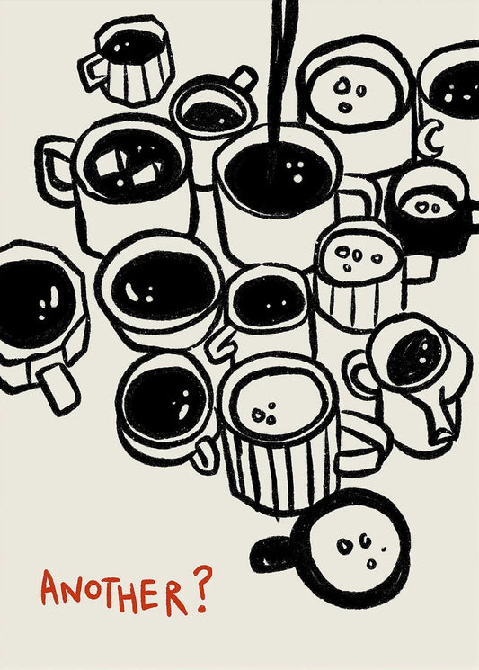 Illustration of multiple coffee cups with a spoon and text 'ANOTHER?' on a beige background Canvas & Curio