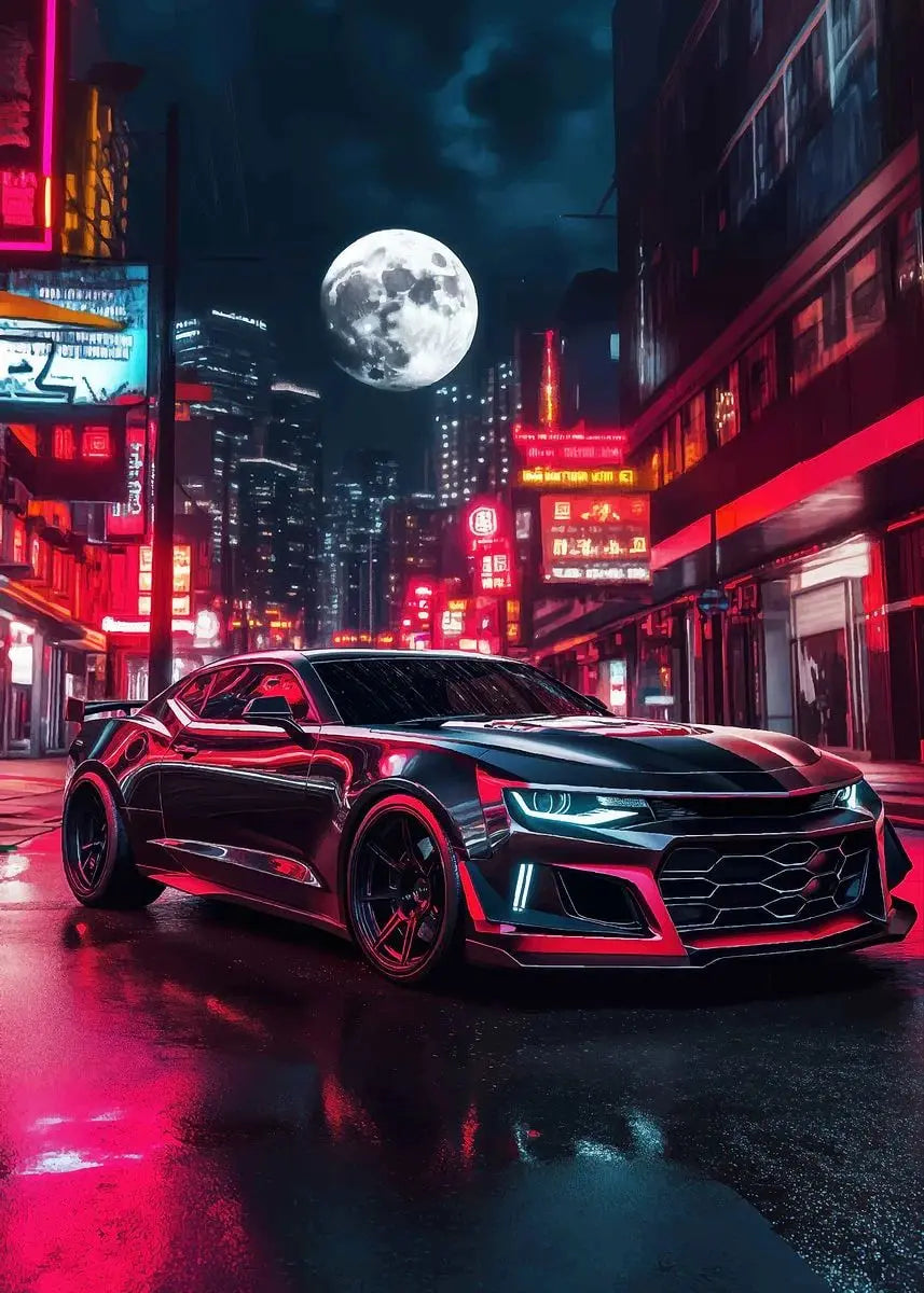 Black sports car on a neon-lit city street at night