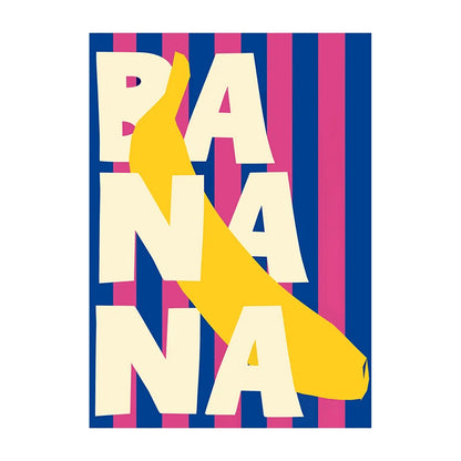 Yellow banana with 'BANANA' text on a striped blue and pink background