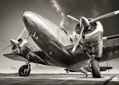 Vintage airplane on a runway with a dramatic sky.
