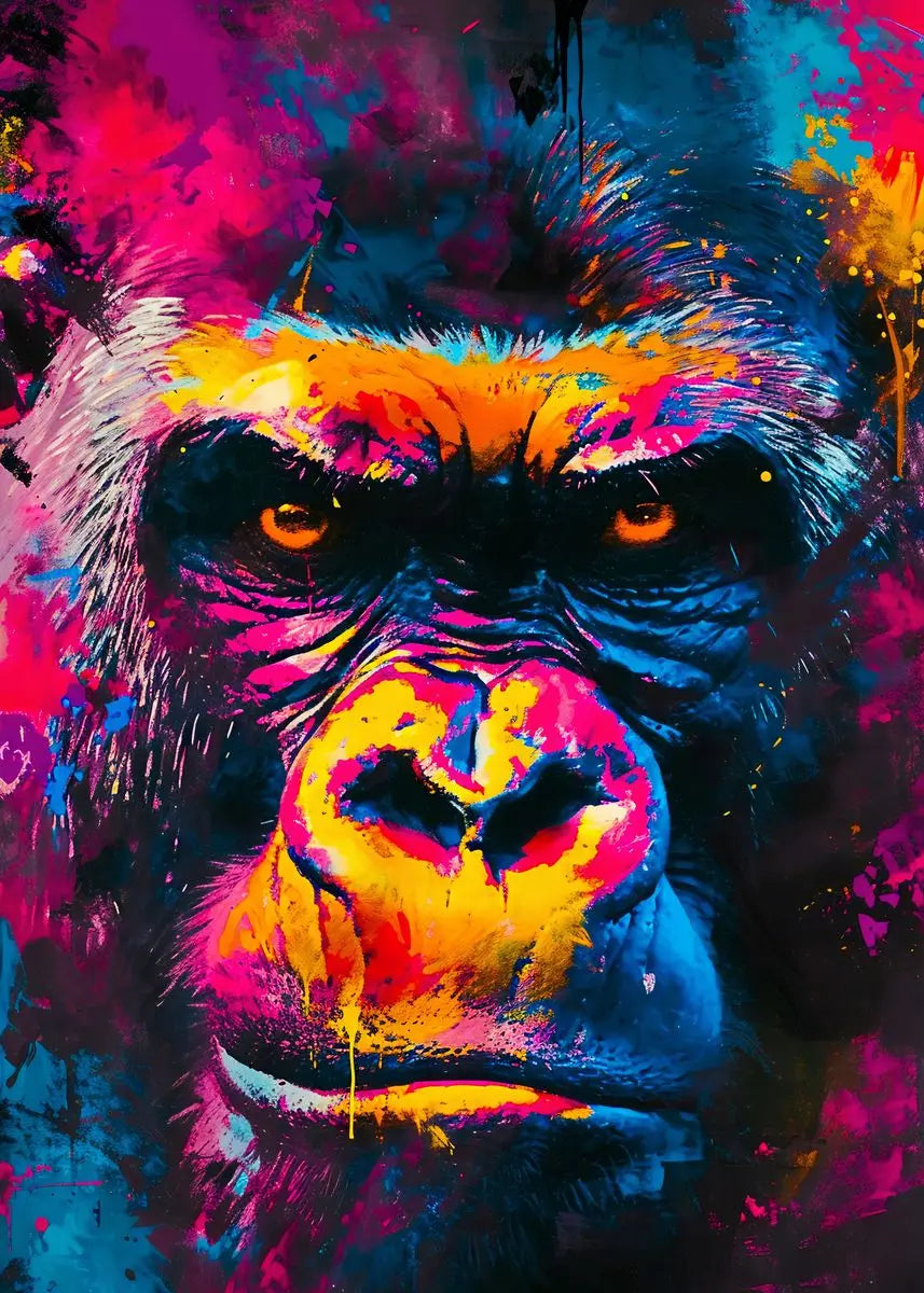 Colorful abstract painting of a gorilla's face