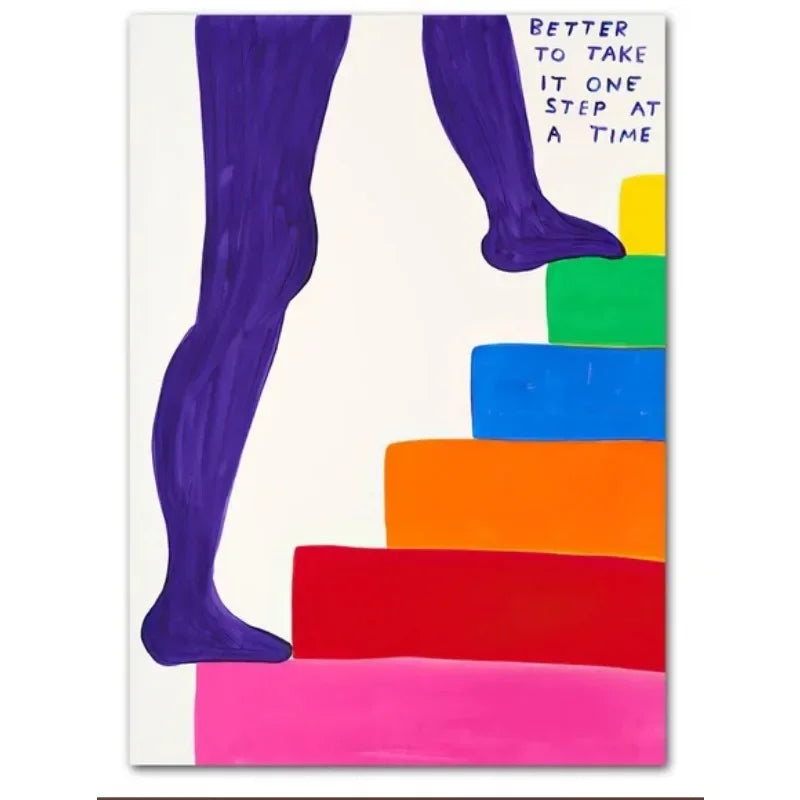 Colorful steps with a purple leg and motivational quote on a white background
