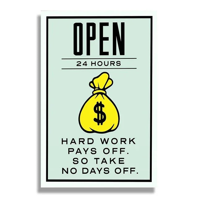 Motivational poster with a yellow money bag and text on a light green background
