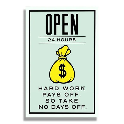 Motivational poster with a yellow money bag and text on a light green background