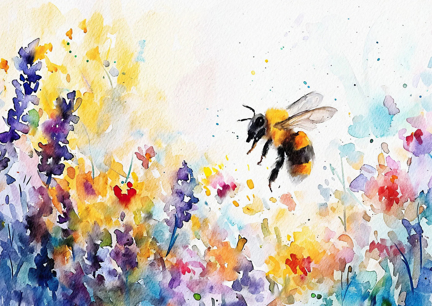 Colorful watercolor painting of a bee and flowers