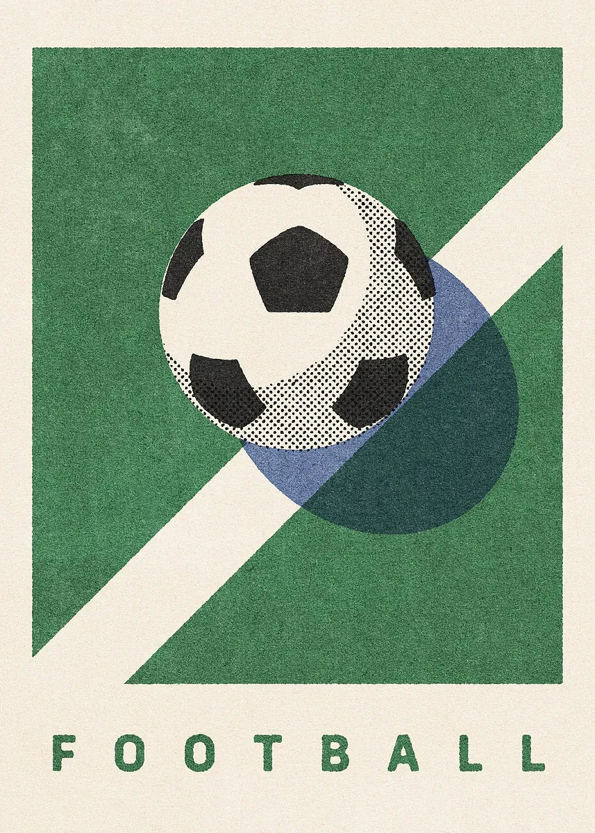 Soccer ball with geometric design on a green and beige background