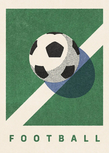 Soccer ball with geometric design on a green and beige background