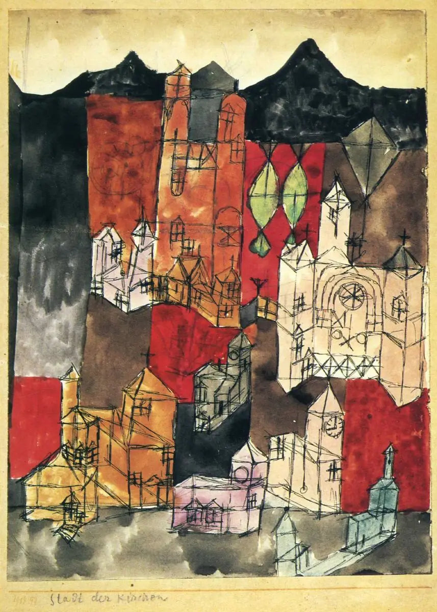 Abstract cityscape with geometric shapes and bold colors on a beige background