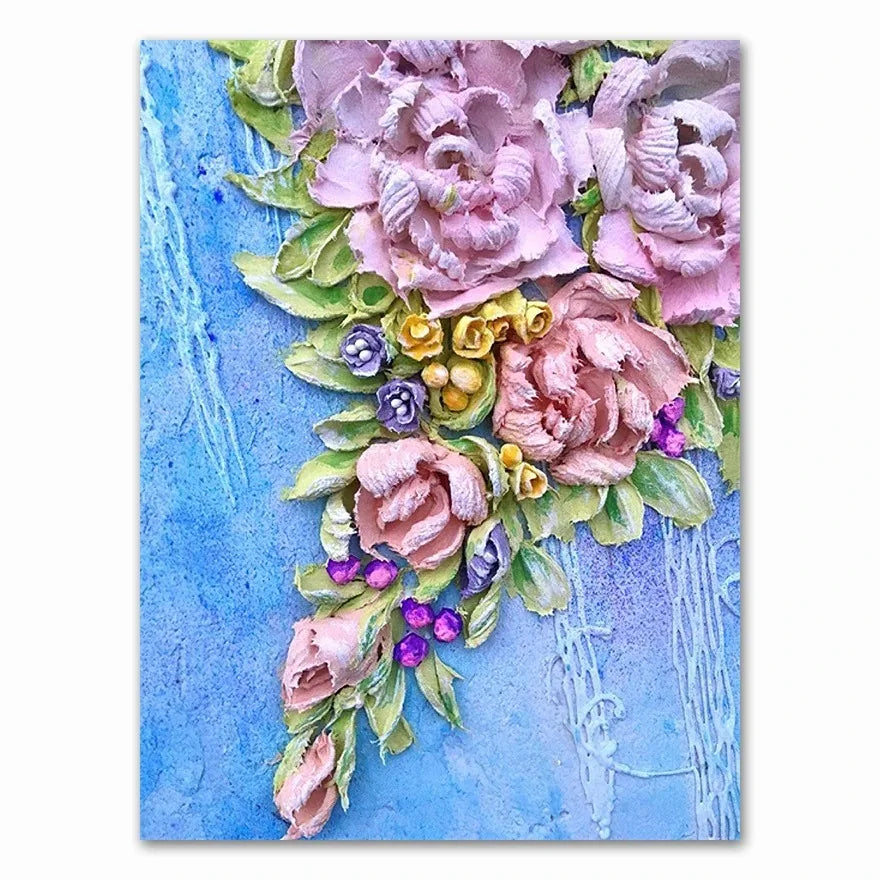 Decorative card with pink flowers and green leaves on a blue textured background