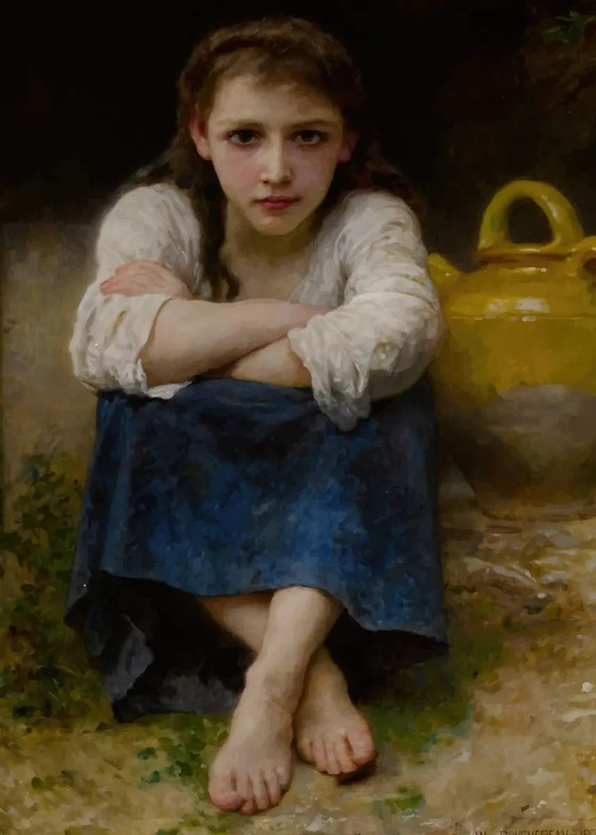 Painting of a young girl sitting with crossed arms next to a yellow pot.