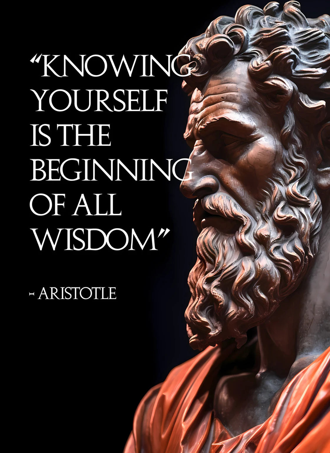 Statue of a bearded man with a dark background and Aristotle's quote 'Knowing yourself is the beginning of all wisdom'.