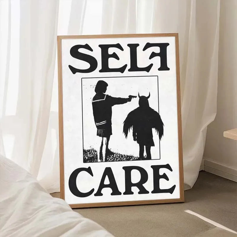 Framed artwork with silhouette of a person and horse, and text 'Self Care' on a white background.