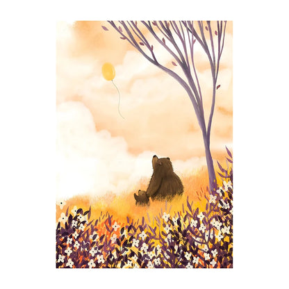 Illustration of a bear in a field with a tree and balloon in the background