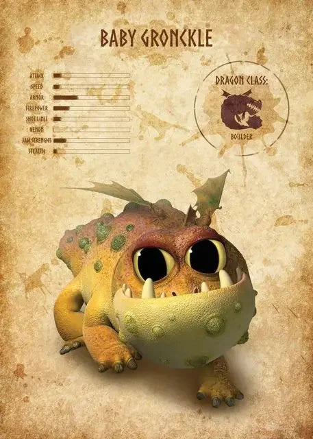 Illustration of a baby Gronckle dragon on a vintage-style background