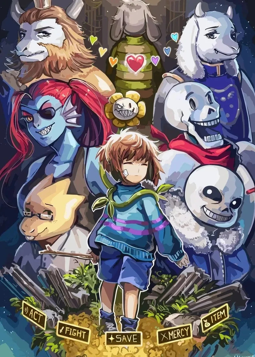 Illustration of a young boy surrounded by various animal-like characters with text options around him.