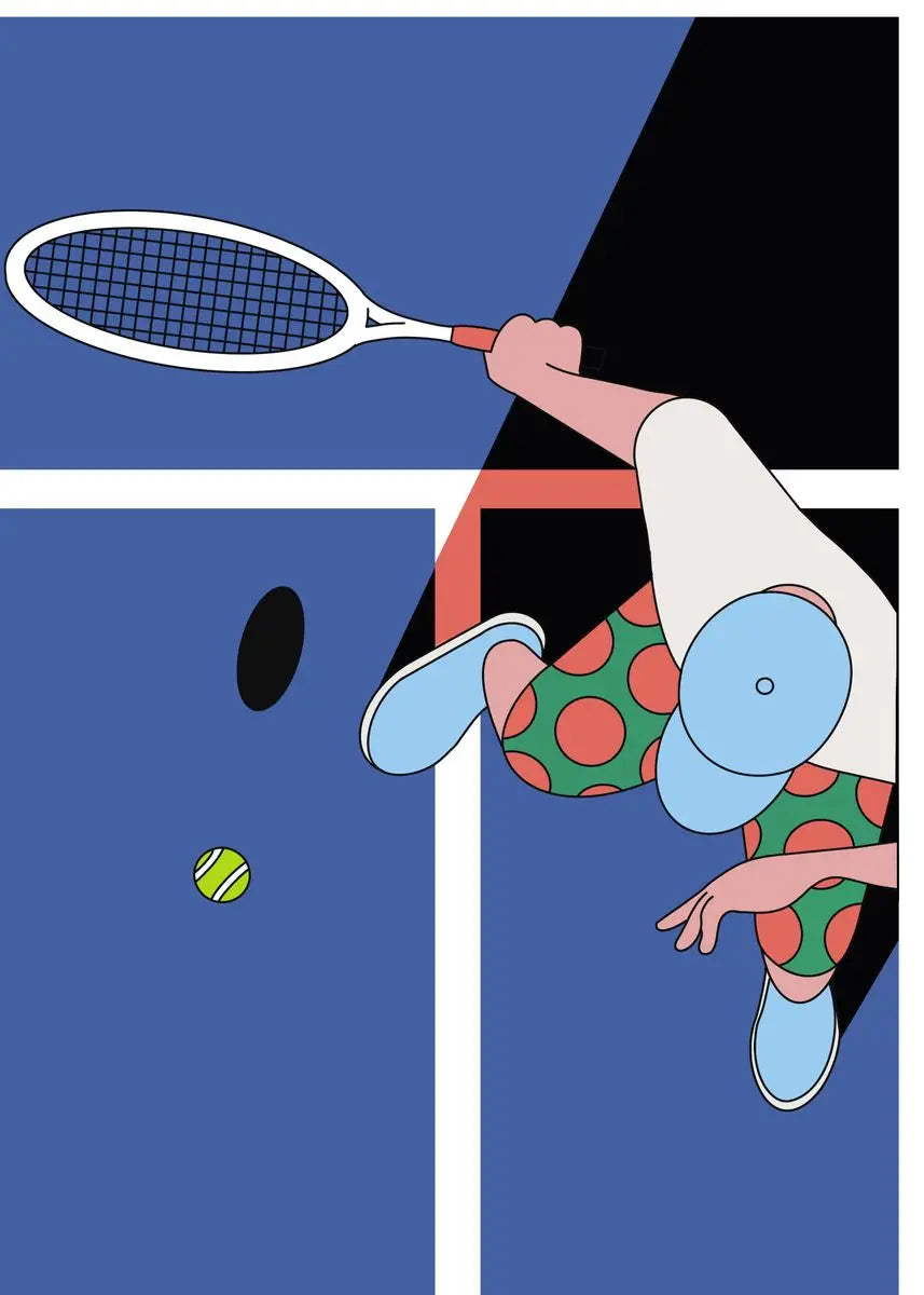 Cartoon character in colorful outfit playing tennis on a blue court