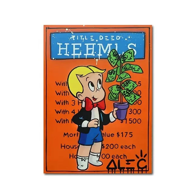 Vintage-style sign with cartoon character holding money plant, featuring text and ALEC branding.
