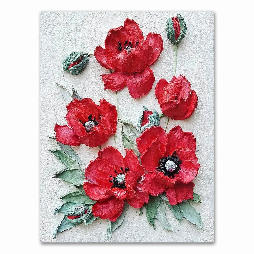 Artistic depiction of red flowers with green leaves on a textured white background