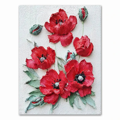 Artistic depiction of red flowers with green leaves on a textured white background