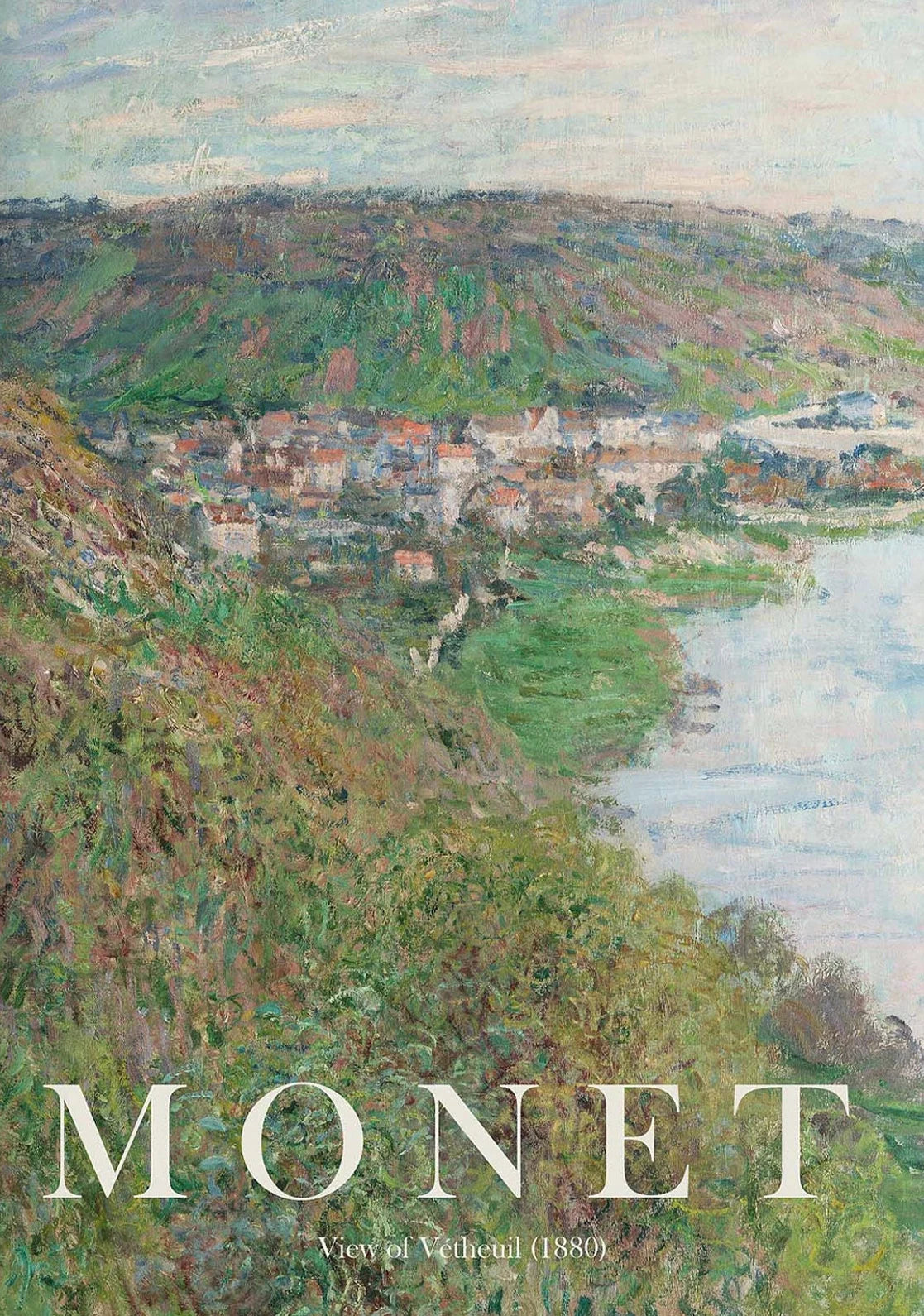 Painting of a village by a body of water with 'Monet' and 'View of Vetheuil (1880)' text.