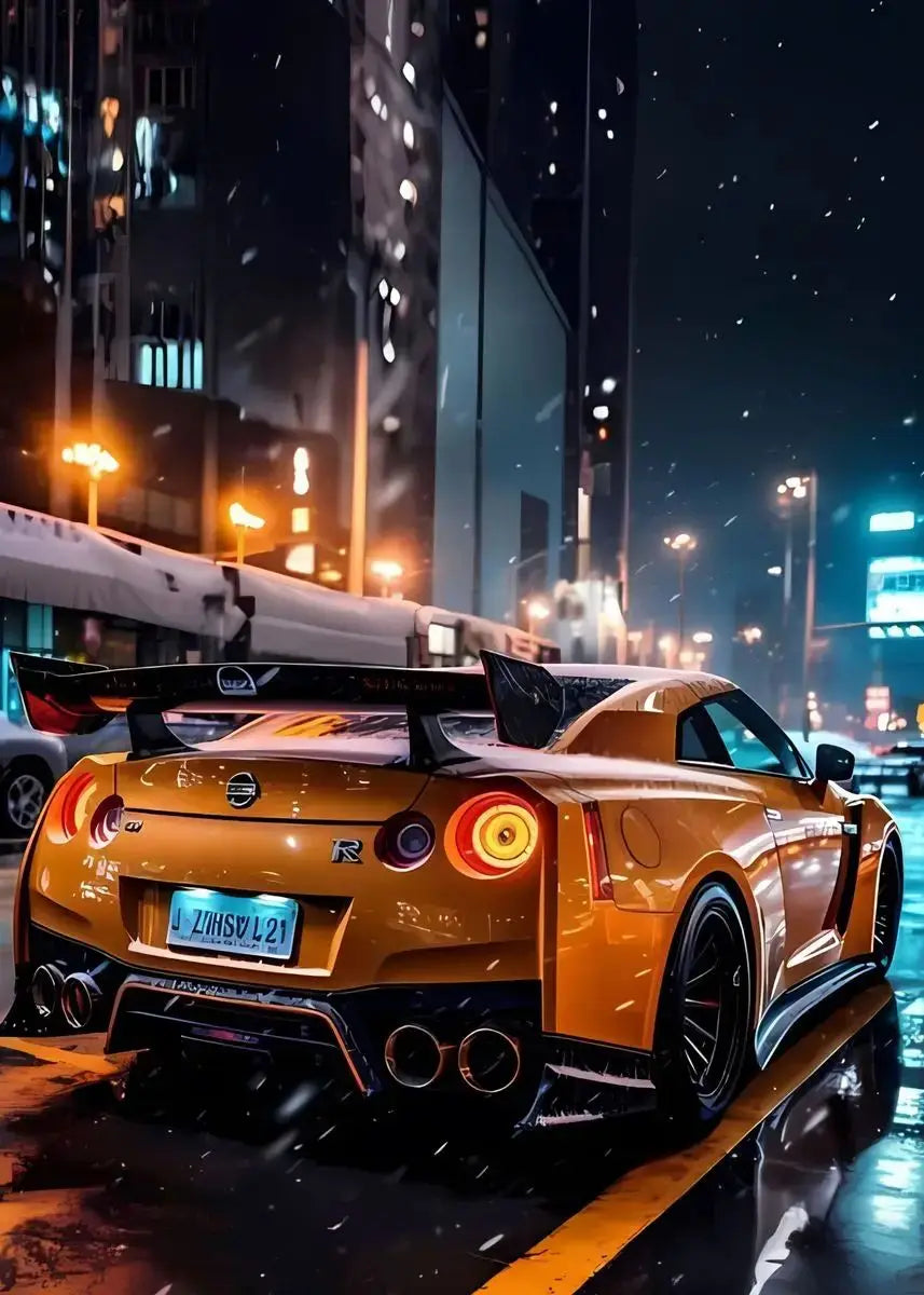 Orange sports car on a city street at night