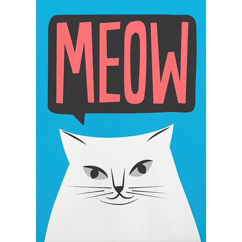 White cat illustration with a 'MEOW' speech bubble on a blue background