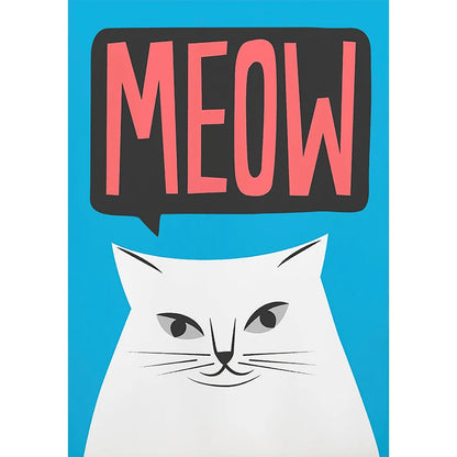 White cat illustration with a 'MEOW' speech bubble on a blue background