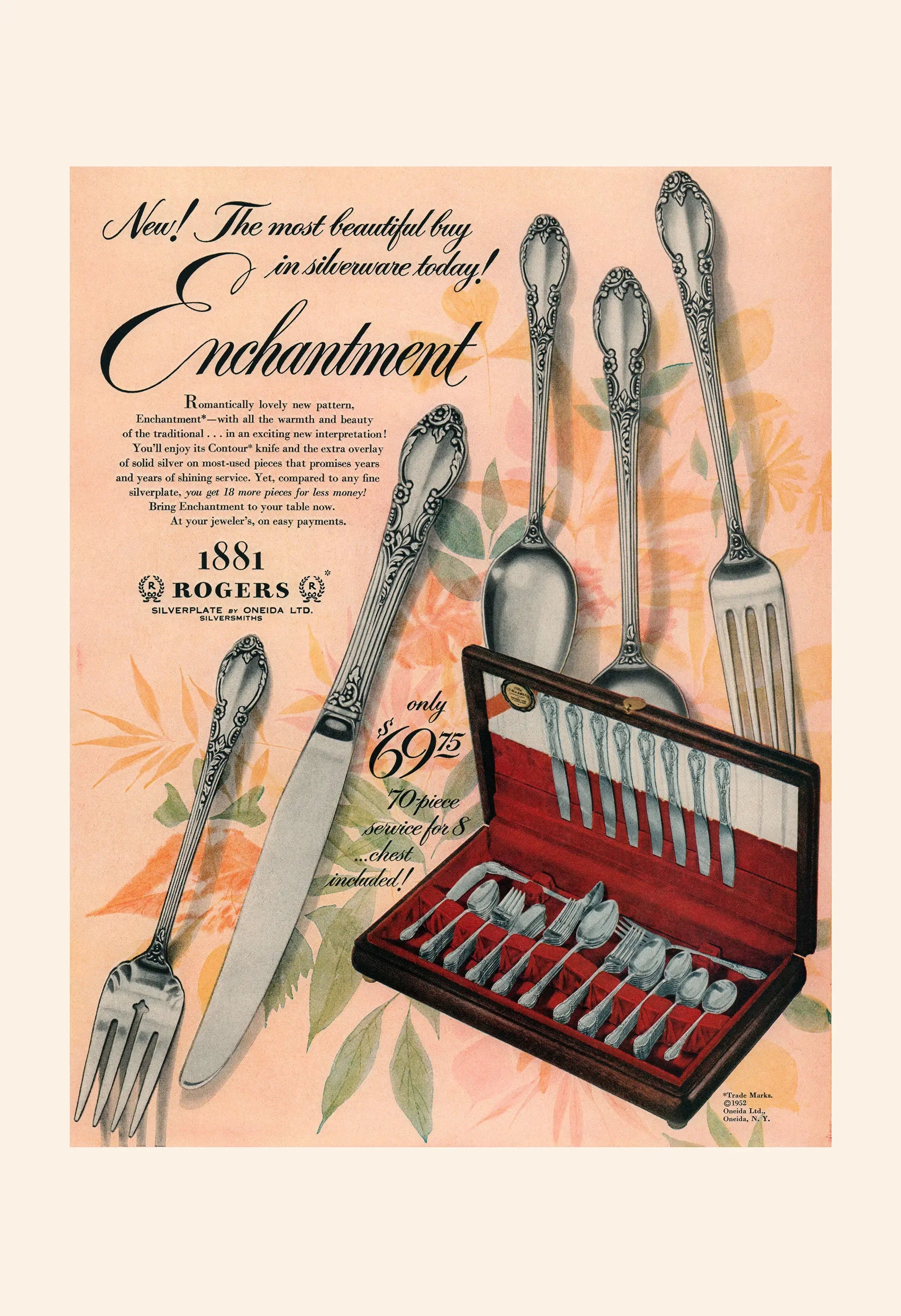 Vintage advertisement for Rogers & Bro. Enchantment silverware set on a peach background with text.