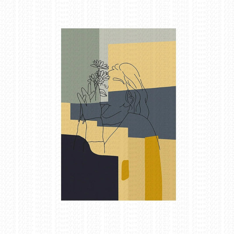 Abstract art print with geometric shapes and line drawings on a white background