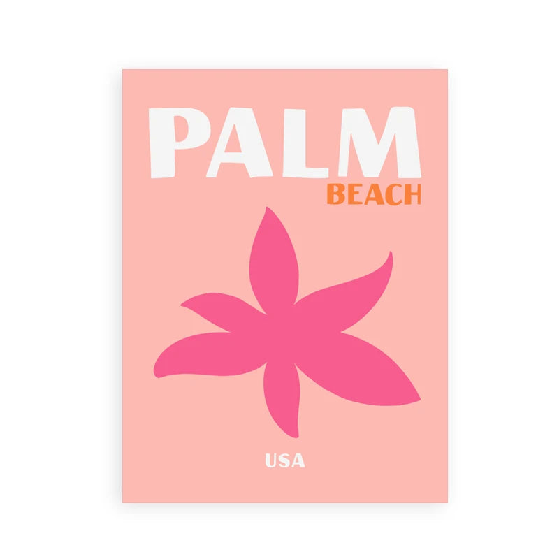 Poster with 'Palm Beach USA' text and pink palm leaf design on a peach background