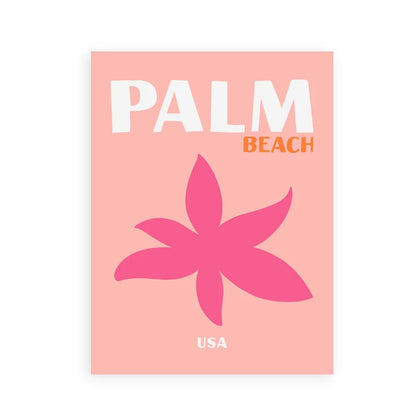 Poster with 'Palm Beach USA' text and pink palm leaf design on a peach background
