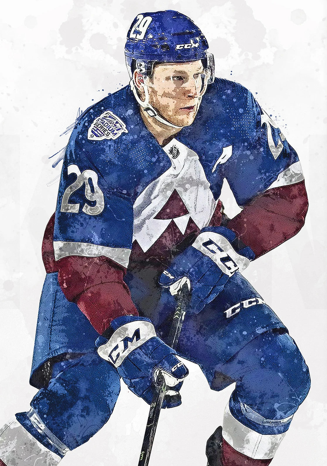 Hockey player in a blue and red uniform with a white background