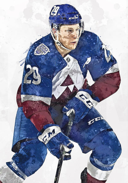 Hockey player in a blue and red uniform with a white background