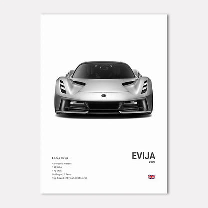 Lotus Evija car on a white background with specifications below.