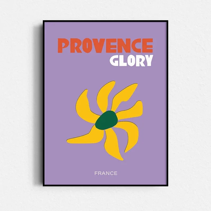Poster with 'Provence Glory' text and a yellow flower design on a purple background