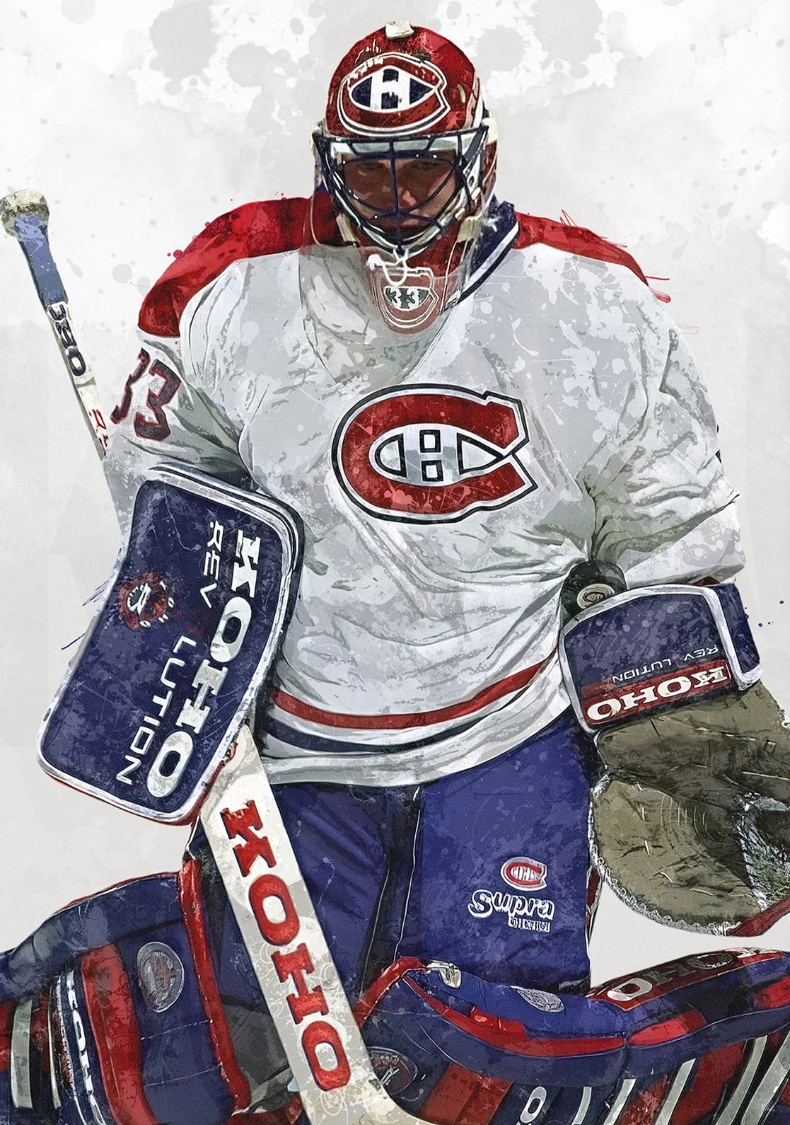 Hockey player in a Montreal Canadiens uniform with equipment on a white background