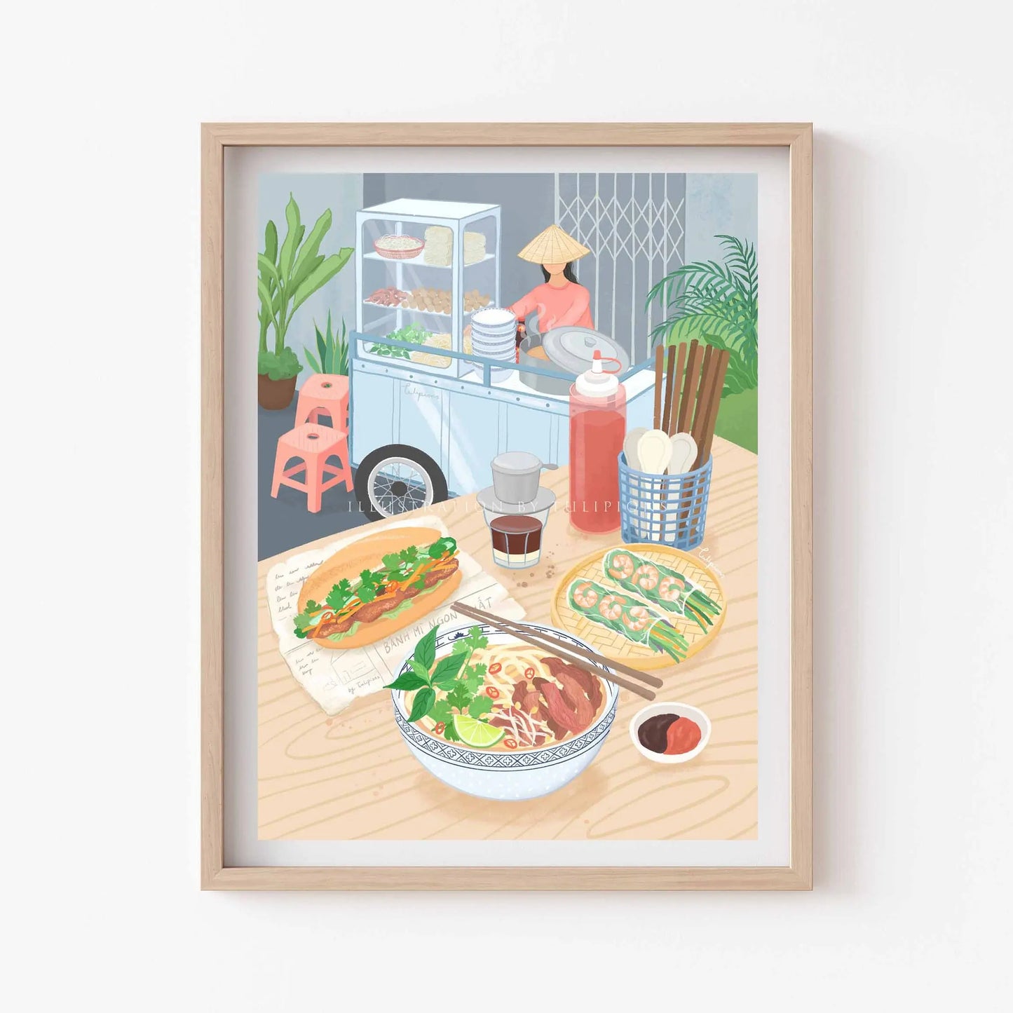 Illustration of a street food scene with noodles, buns, and a vendor in a frame.