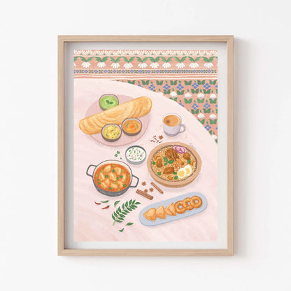 Framed artwork of a meal with noodles, vegetables, and tea on a pink background