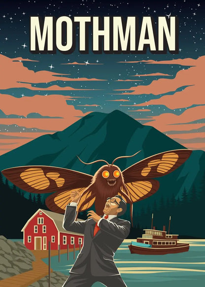 Vintage-style poster of Mothman with a mountainous landscape and a man in a suit.