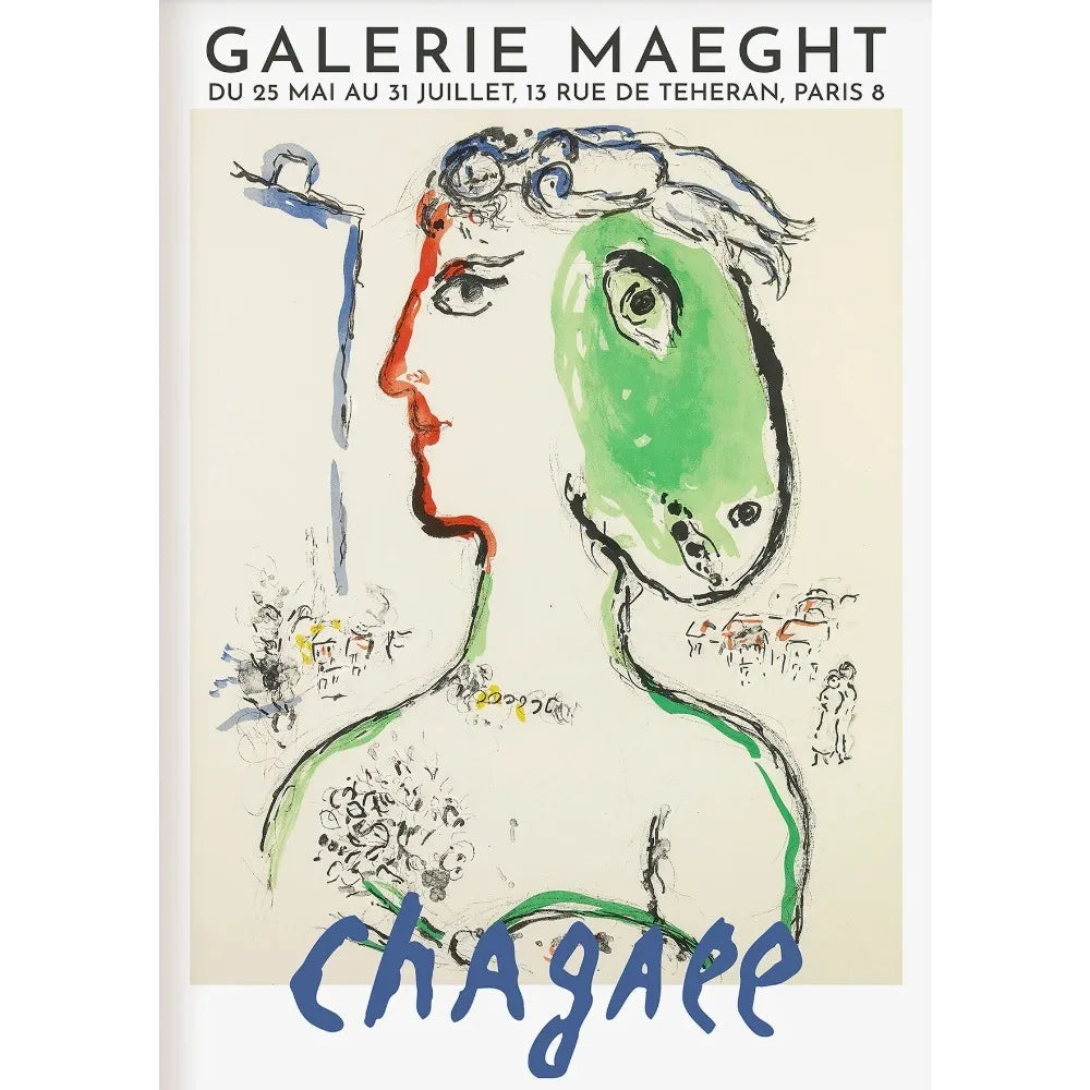 Artistic poster for Galerie Maeght with a stylized face design and 'Chagall' branding.