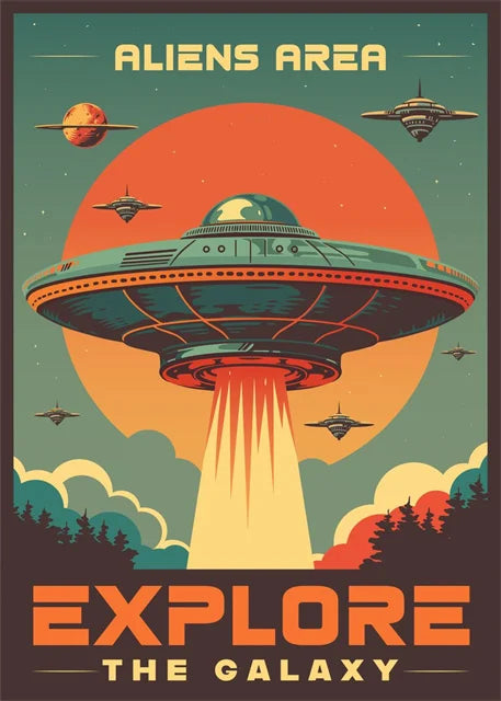 Vintage-style poster with a UFO and space theme, featuring text 'Aliens Area' and 'Explore the Galaxy'.