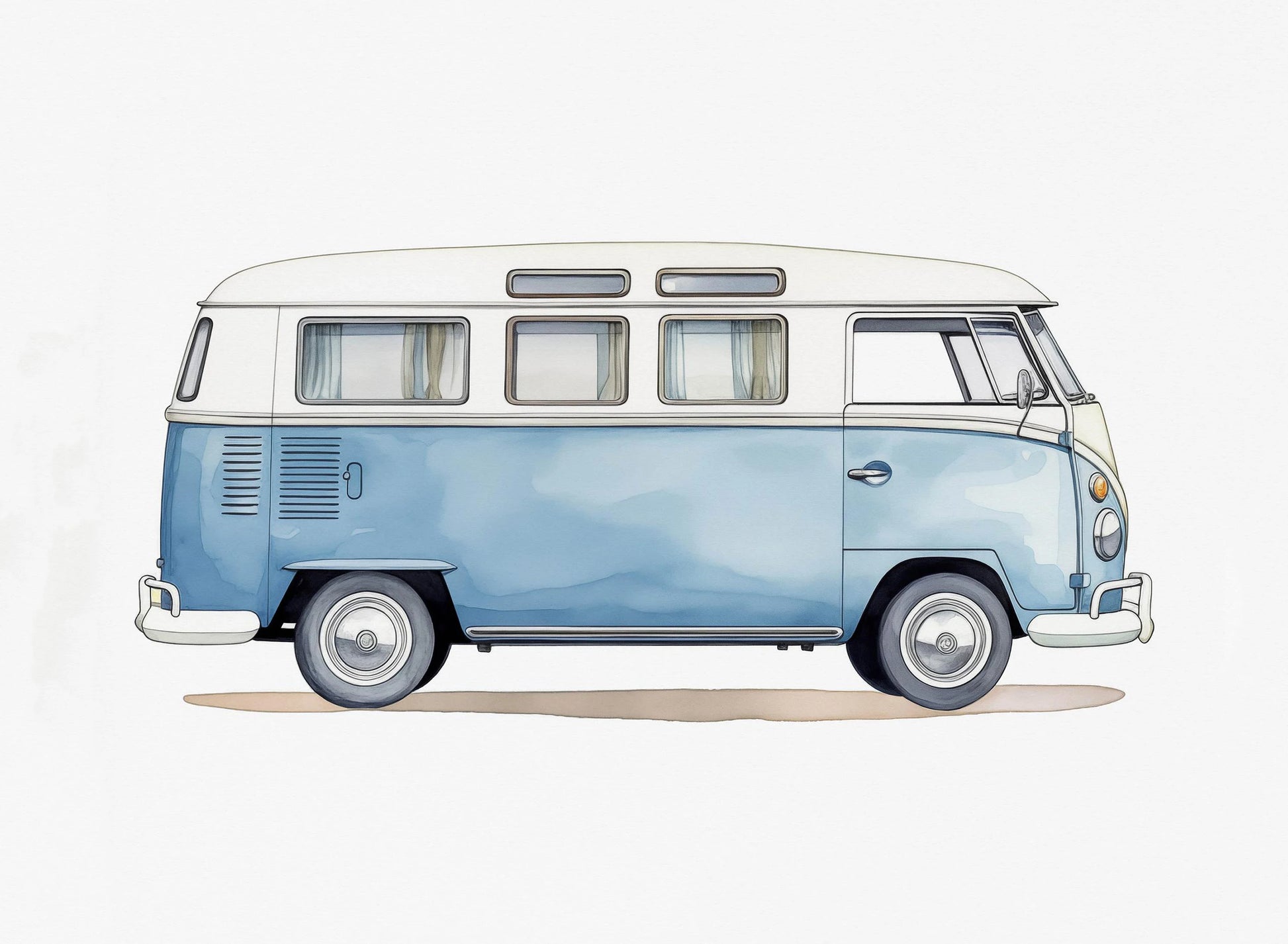 Illustration of a vintage blue and white van on a white background