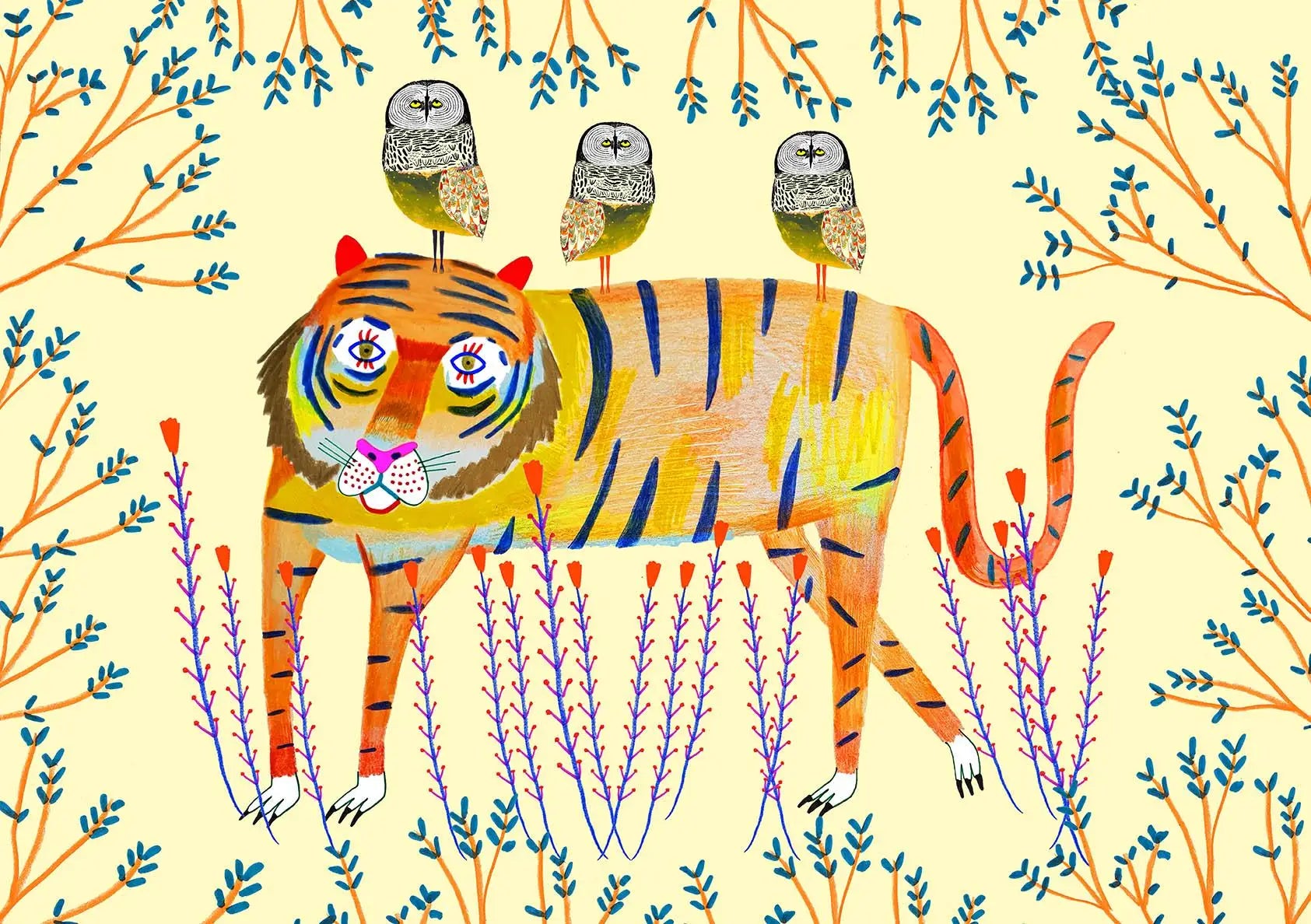 Colorful illustration of a tiger with birds on its head in a natural setting.