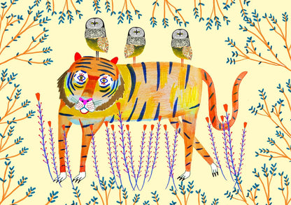 Colorful illustration of a tiger with birds on its head in a natural setting.